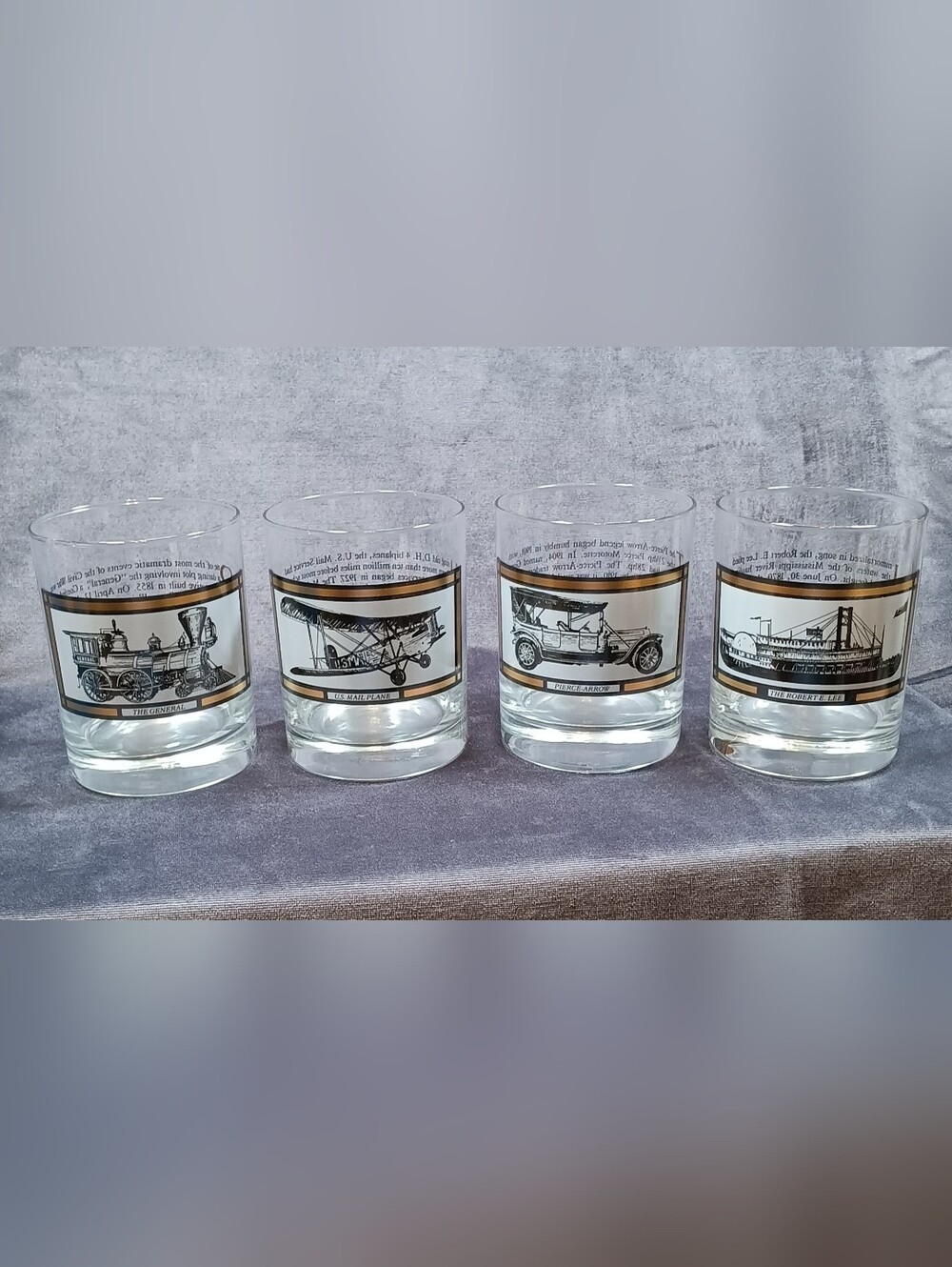 Set of 4 Vintage Avon Transportation Themed Collectors  Glasses - 22 K Gold Trim